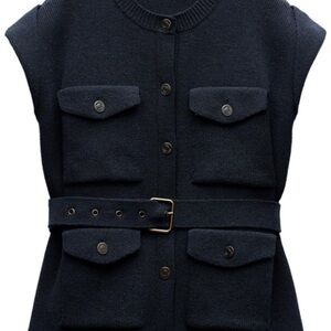 Zara Dark Blue Belted Sweater Vest